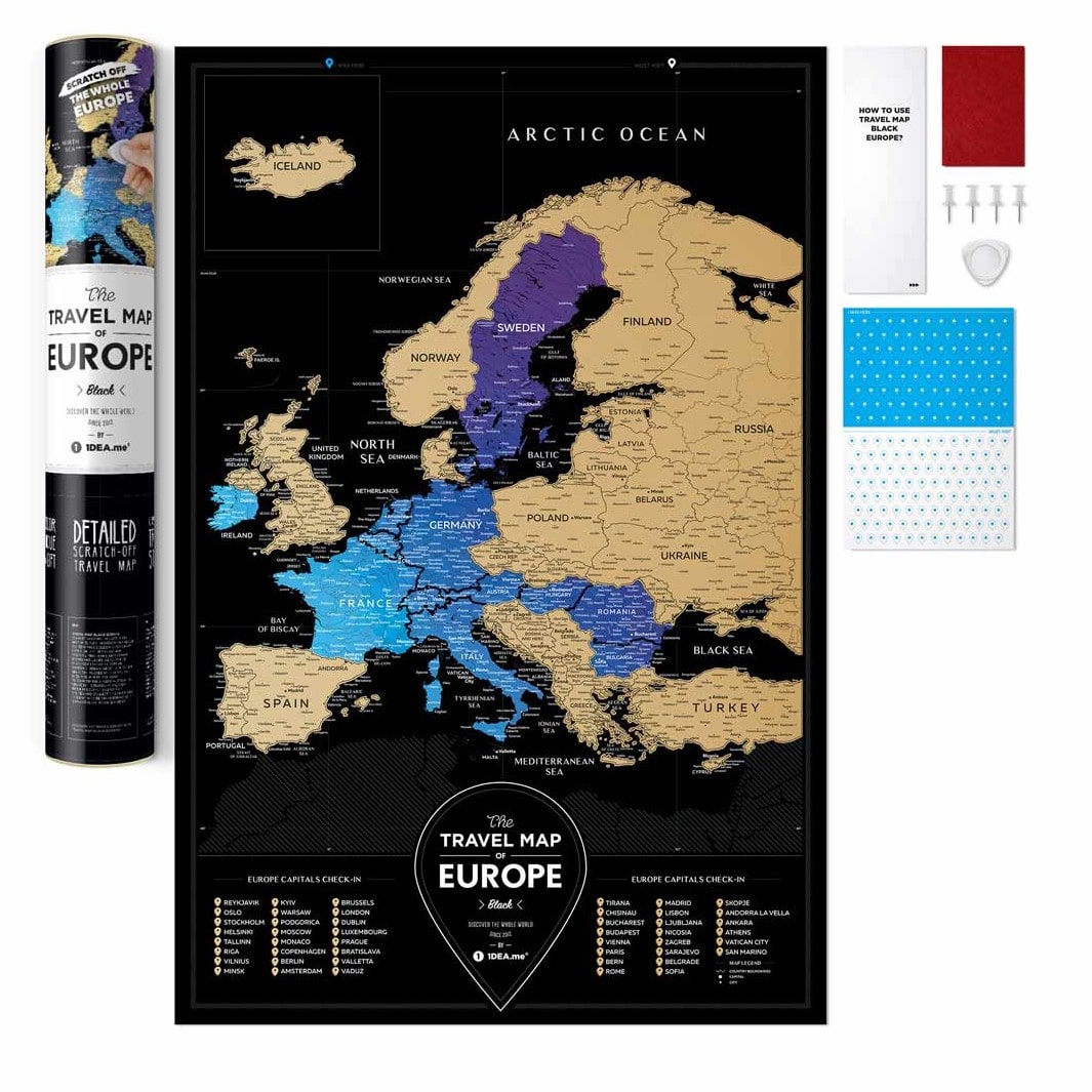 Полная комплектация Скретч карты мира Travel Map™ Black Europe: подарочный тубус, карта и сопутствующие аксессуары