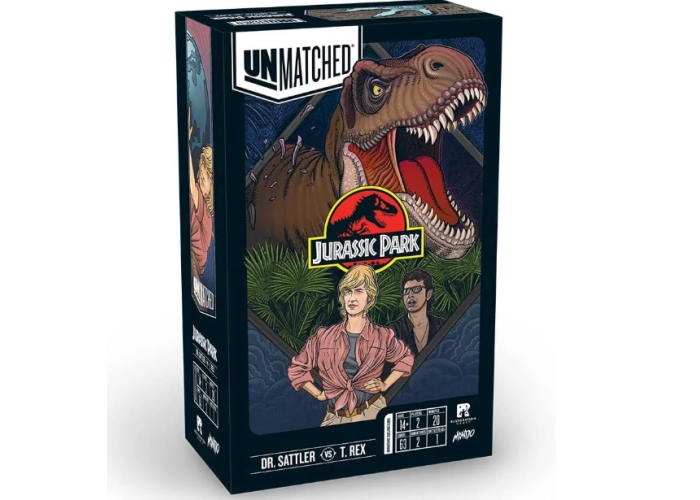 Коробка настольной игры Unmatched: Парк Юрского периода - Доктор Сэттлер против Т-Рекса  (англ.)