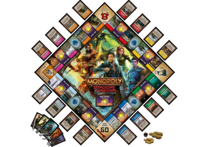 Игрове поле и игровые компоненты настольной игры Монополия D&D: Честь злодеев (Monopoly Dungeons & Dragons: Honor Among Thieves) (англ.)